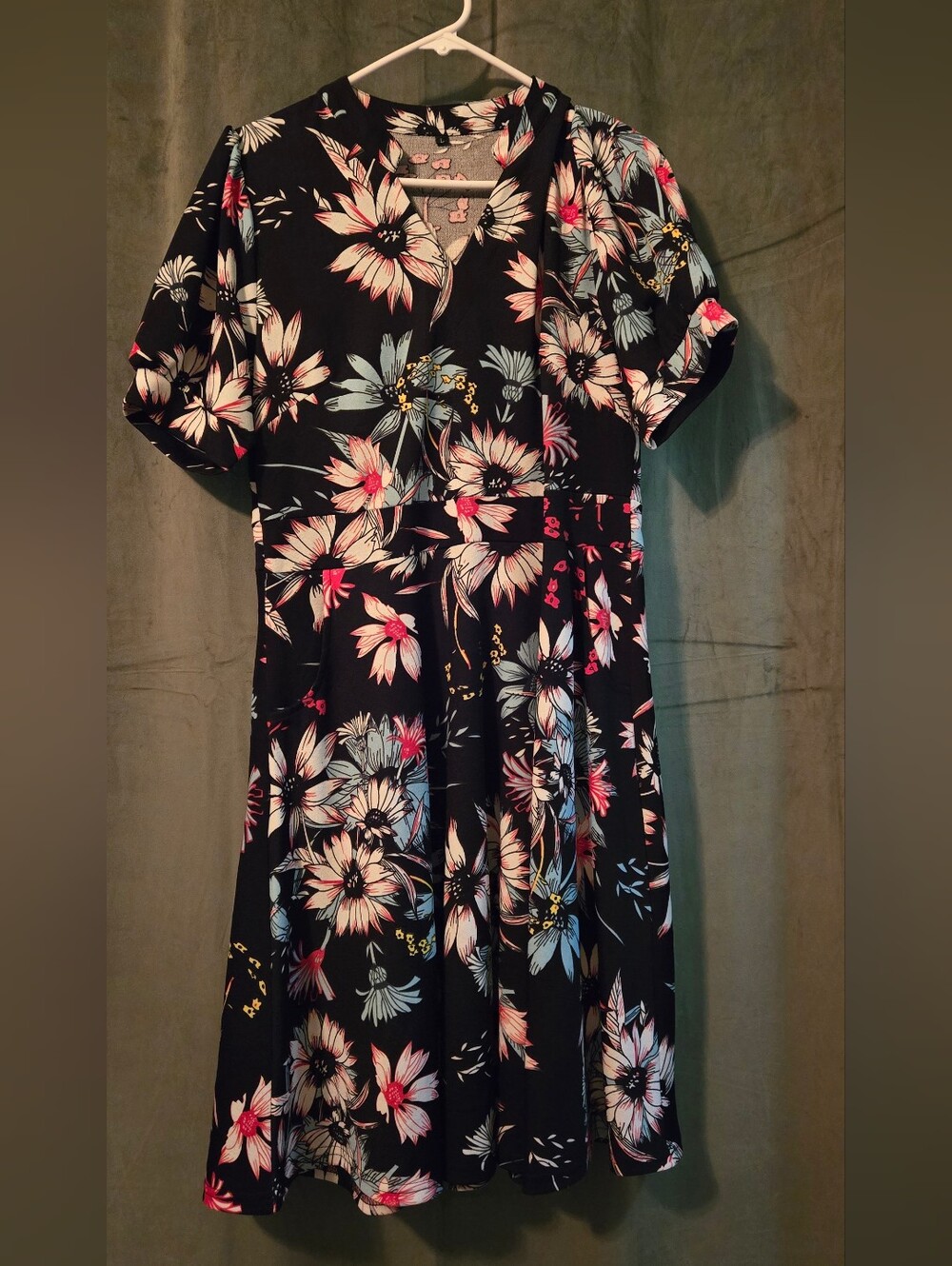 Girls' Floral Black V-Neck Dress in Pink and Cream